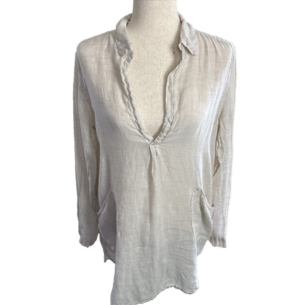 CP Shades Teton Linen Tunic Mini Dress Womens XS Ivory Oversized Coastal Boho‎